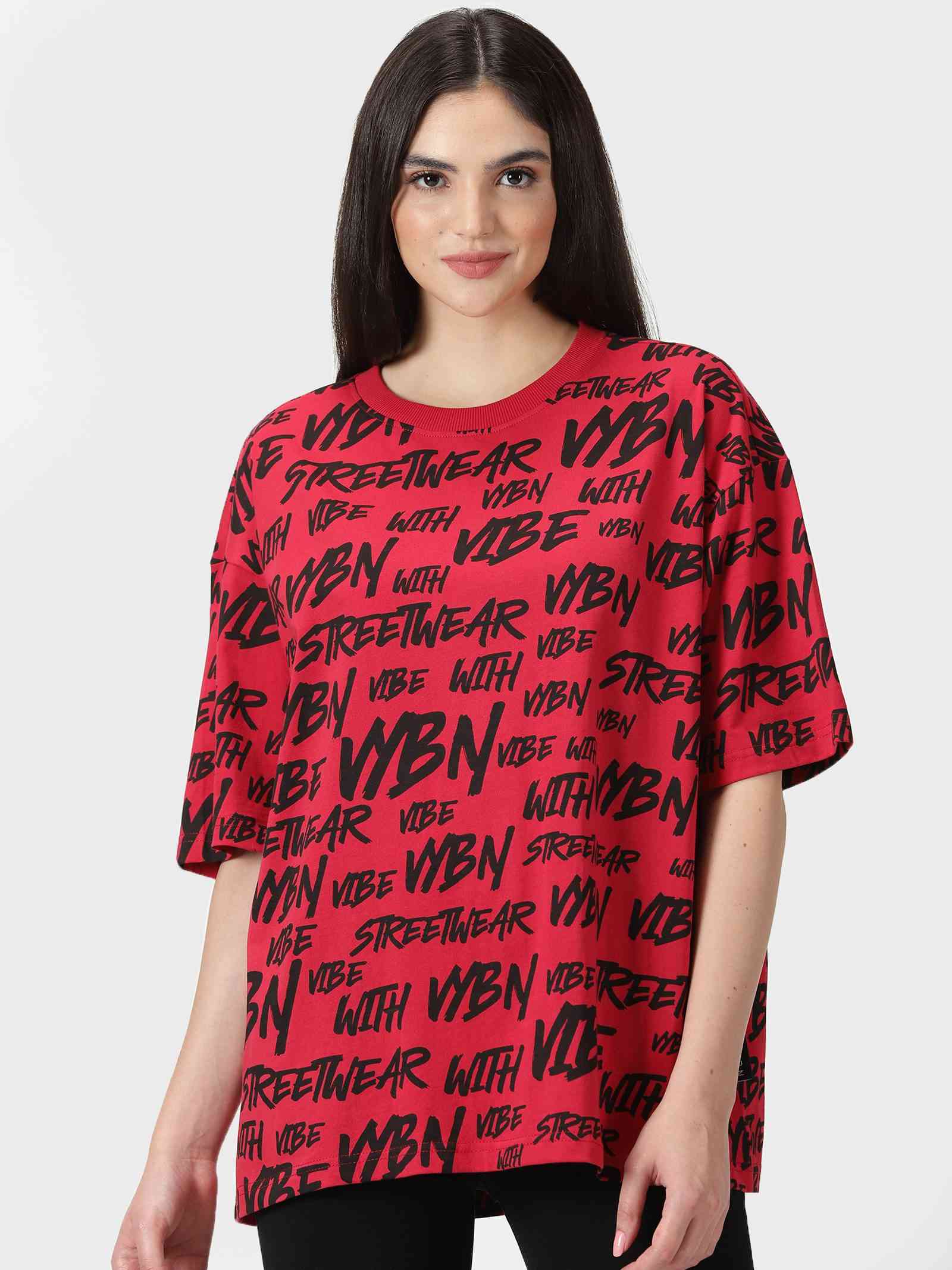 Women's Allover Print Drop Shoulder Half-Sleeves Tee - HIPHOP
